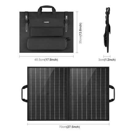 HAWEEL 50W Foldable Solar Charger for Travel and Outdoors showing folded carry case and unfolded solar panels with dimensions