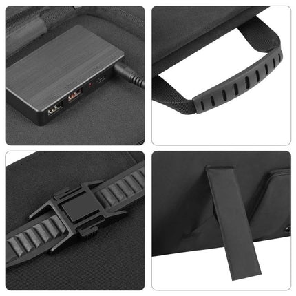 HAWEEL 50W Foldable Solar Charger for Travel and Outdoors showing USB power bank ports, carrying handle, secure straps and fold-out stand