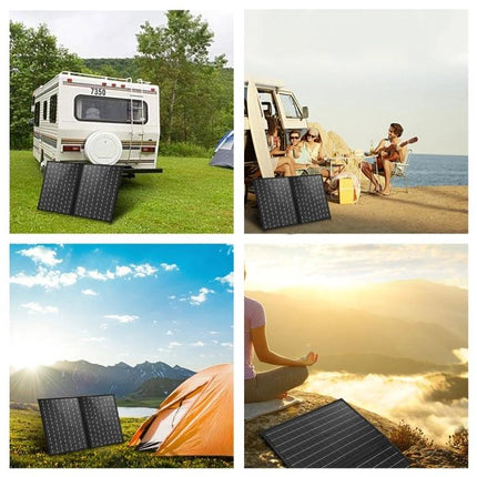 HAWEEL 50W Foldable Solar Charger for Travel and Outdoors set up beside RV, at beach campsite, by tent, and on mountaintop for outdoor charging