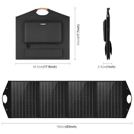 HAWEEL 100W Foldable Solar Panel Charger for Travel Use showing folded carry case and unfolded 160cm monocrystalline panels