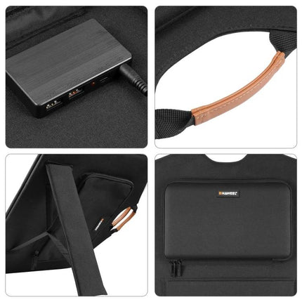 HAWEEL 100W Foldable Solar Panel Charger for Travel Use showing ports, handle, kickstand, and storage pouch