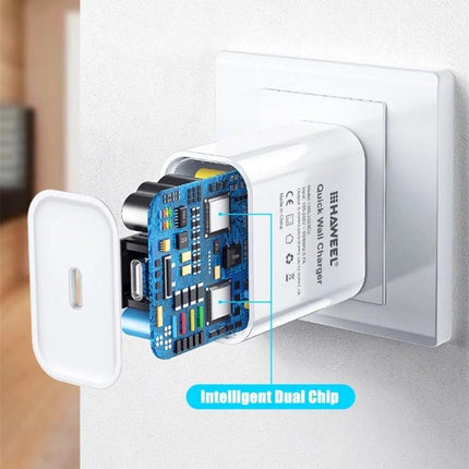 HAWEEL USB-C Travel Charger for Daily Device Needs On The Go showing compact white wall charger with exposed internal circuit board