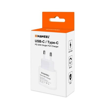 HAWEEL USB-C Travel Charger for Daily Device Needs On The Go - compact white USB-C PD 20W travel wall charger in retail box