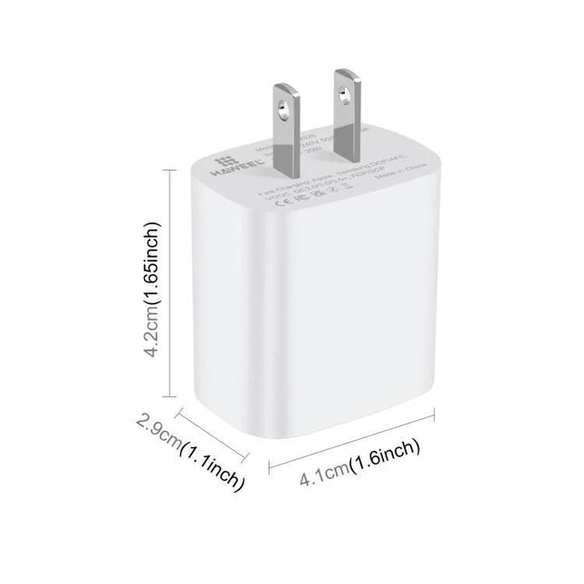 HAWEEL USB Charger for Powering Devices in Daily Life - compact dual-port white wall charger with US foldable prongs and dimensions
