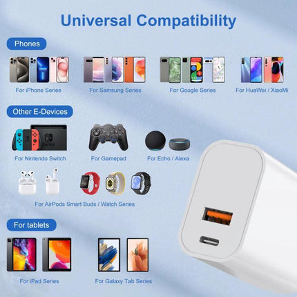 HAWEEL USB Charger for Powering Devices in Daily Life - dual-port charger showing compatibility with phones, tablets, AirPods, gamepad, Echo and Nintendo Switch