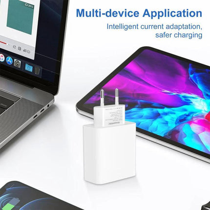 HAWEEL EU Plug Charger for Home and Travel Device Needs shown with dual USB ports charging a tablet and smartphone