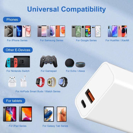 HAWEEL EU Plug Charger for Home and Travel Device Needs showing dual USB ports and icons of compatible phones, tablets, gamepads, AirPods and smartwatches
