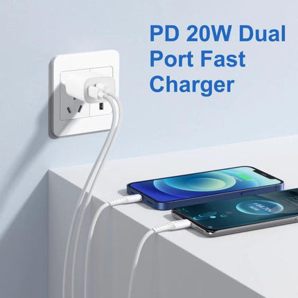HAWEEL EU Plug Charger for Home and Travel Device Needs white dual USB PD 20W fast charger plugged into wall charging two smartphones