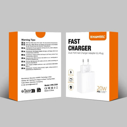 HAWEEL EU Plug Charger for Home and Travel Device Needs - white dual USB 20W PD fast charger box showing front and back packaging