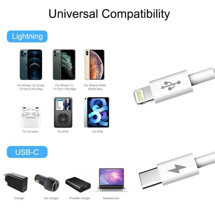 HAWEEL Type-C Cable for Everyday iPhone and iPad Charging – white USB-C to Lightning cable showing universal compatibility with iPhone, iPad, AirPods, chargers
