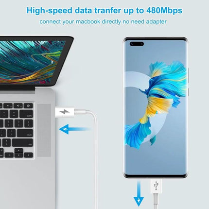 HAWEEL USB-C Charging Cable for Daily Device Needs showing cable connecting laptop to smartphone for fast charging and data transfer up to 480Mbps