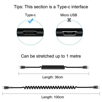 HAWEEL USB-C Charging Cable for Daily Phone Essentials coiled stretchable cable showing Type-C vs Micro USB, 36cm to 100cm length