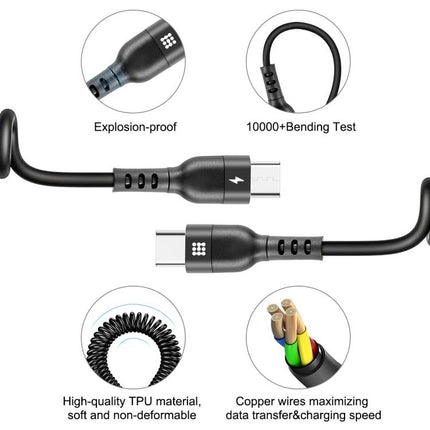 HAWEEL USB-C Charging Cable for Daily Phone Essentials — durable USB-C cable showing connectors, coiled design, and reinforced strain relief