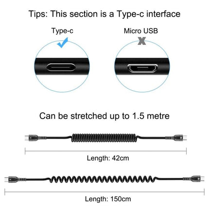 HAWEEL USB-C Cable for Everyday Phone Charging Needs coiled Type-C cable 42cm retracted 150cm stretched up to 1.5m showing Type-C vs Micro USB
