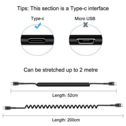 HAWEEL USB-C Cable for Everyday Device Charging Needs showing Type-C vs Micro USB tips and coiled cable stretched from 52cm to 200cm