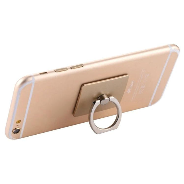 Gold 360-Degree Rotatable Ring Holder for Smartphones in Gold attached to phone as adjustable stand and secure grip