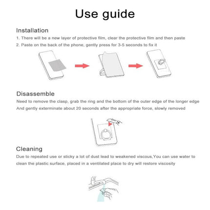 Gold 360-Degree Rotatable Ring Holder for Smartphones in Gold showing installation, disassemble and cleaning use guide diagram