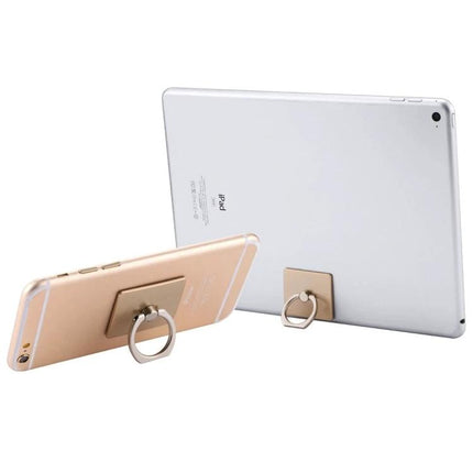 Gold 360-Degree Rotatable Ring Holder for Smartphones in Gold attached to phone and tablet as adjustable stand and secure grip