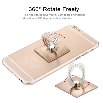 Gold 360-Degree Rotatable Ring Holder for Smartphones in Gold glued to phone back, shown 360° rotation and adjustable stand for hands-free viewing