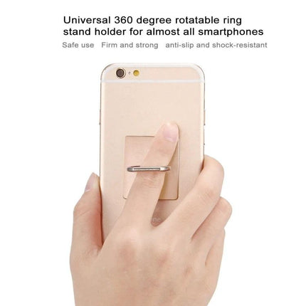 Gold 360-Degree Rotatable Ring Holder for Smartphones in Gold attached to phone, showing finger grip and adjustable stand for hands-free viewing