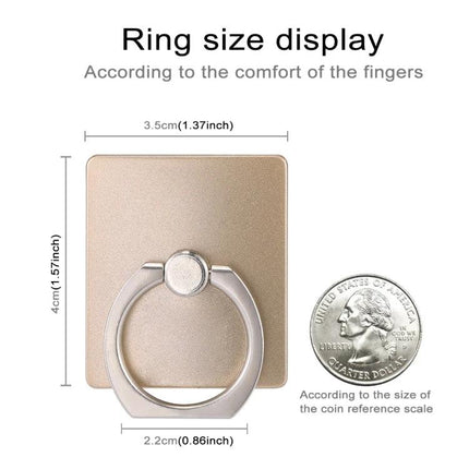 Gold 360-Degree Rotatable Ring Holder for Smartphones in Gold showing dimensions and coin size reference