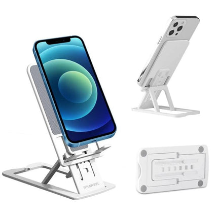 HAWEEL Holder for Steady Device Support on Your Desk showing adjustable white desk stand holding smartphone for video calls and streaming