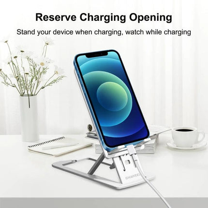HAWEEL Holder for Steady Device Support on Your Desk showing phone on adjustable stand with charging cable