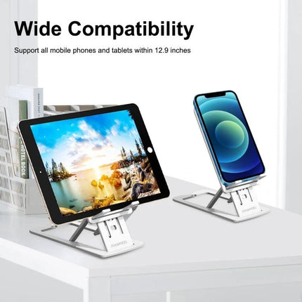 HAWEEL Holder for Steady Device Support on Your Desk showing tablet and phone on adjustable desk stands for video calls and streaming