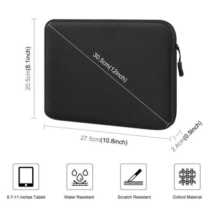 HAWEEL Protective Sleeve Case for 9.7 to 11 Inch Tablets black water-resistant scratch-resistant neoprene sleeve with zipper, dimensions shown