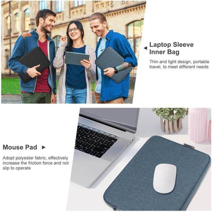 HAWEEL Slim Protective Laptop Sleeve for 14-15 Inch Devices in grey carried by students, slim travel sleeve beside laptop and mouse pad