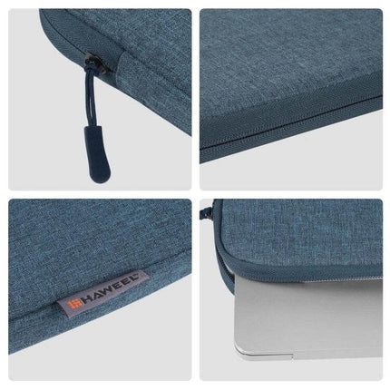 HAWEEL Zippered Laptop Sleeve Case for 15-16.7 Inch Devices in blue fabric showing zipper, corner, logo tag and slim profile