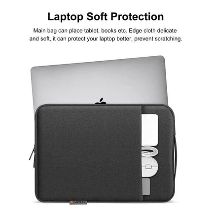 HAWEEL Zipper Laptop Sleeve with Handle for 12.5-13.5 Inch Laptops showing black sleeve with handle, laptop partially inside and accessories pocket