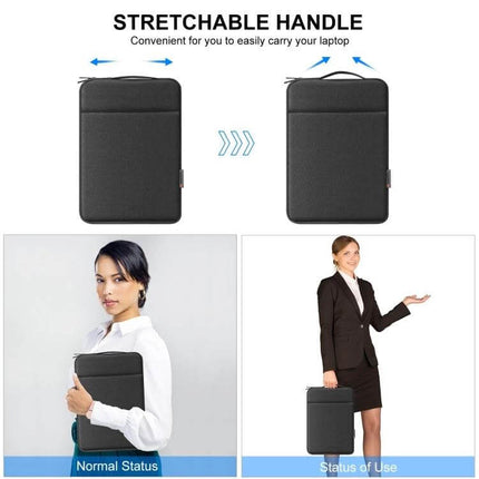 HAWEEL Zipper Laptop Sleeve with Handle for 12.5-13.5 Inch Laptops showcasing stretchable handle and slim protective case held by professionals