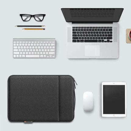 HAWEEL Zipper Laptop Sleeve with Handle for 12.5-13.5 Inch Laptops shown with laptop, keyboard, tablet and accessories on a desk
