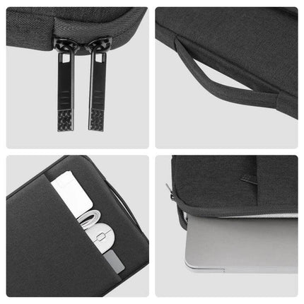 HAWEEL Protective Laptop Sleeve with Handle for 14-15 Inch Devices showing zippers, handle, front pocket with accessories, and laptop fit