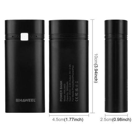 Build Your Own HAWEEL Power Bank for Daily Phone Use - black cylindrical DIY kit showing three views with dimensions