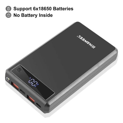 HAWEEL DIY Power Bank Case for Daily On-the-Go Use showing black DIY 6x18650 enclosure with LED display and dual USB ports