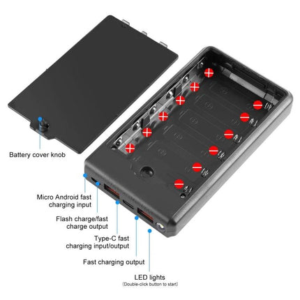 HAWEEL DIY Power Bank Case for Daily On-the-Go Use showing open 6x18650 battery slots, ports labeled (Type-C, USB), LED indicators, and battery cover