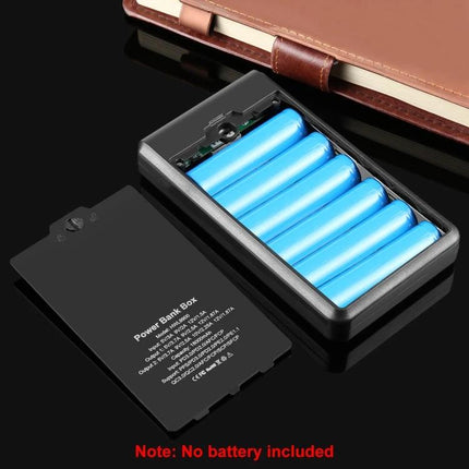 HAWEEL DIY Power Bank Case for Daily On-the-Go Use showing open black case with six blue 18650 battery slots beside removed cover and notebook