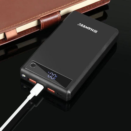 HAWEEL DIY Power Bank Case for Daily On-the-Go Use showing black assembled portable charger with digital charge display and USB cable connected