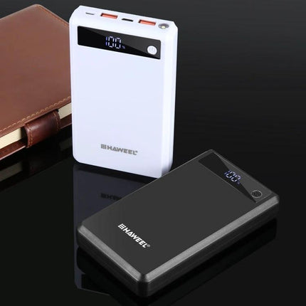 HAWEEL DIY Power Bank Case for Daily On-the-Go Use showing white and black assembled power bank cases with LED display and dual USB ports