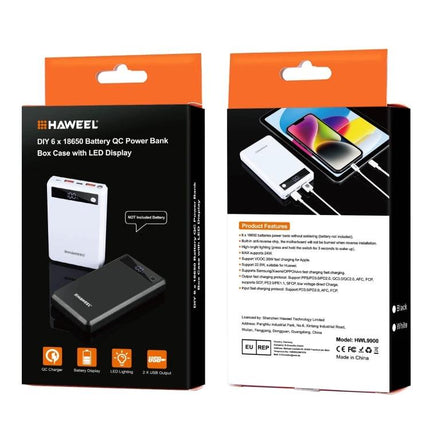 HAWEEL DIY Power Bank Case for Daily On-the-Go Use white and black retail packaging showing DIY 6x18650 battery power bank kit and LED display