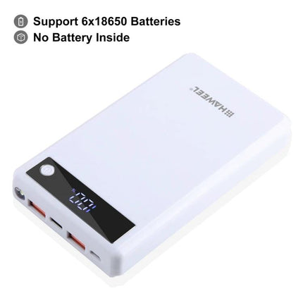 HAWEEL DIY Power Bank Case for Daily On-the-Go Use showing white DIY case with LCD display, dual USB ports, supports 6x18650 batteries