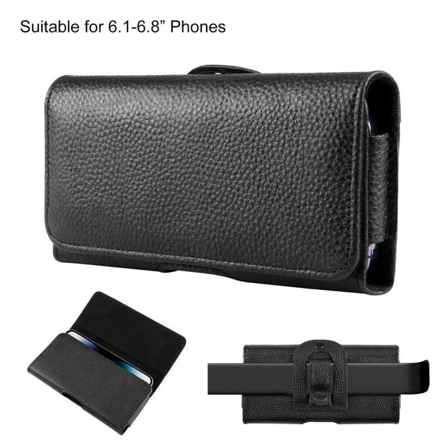 HAWEEL Genuine Leather Phone Belt Clip For 6.1-6.8 Inch Phones black litchi-texture cowhide leather belt clip with magnetic closure