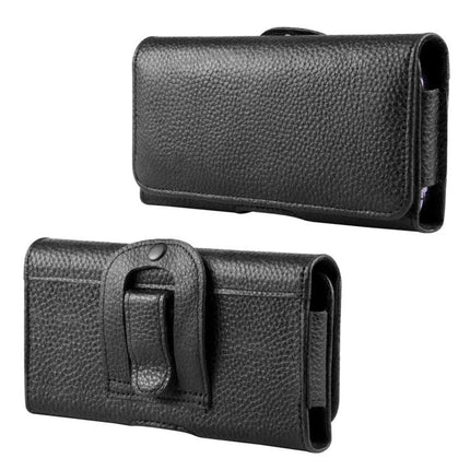 Alt Tag: HAWEEL Genuine Leather Phone Belt Clip For 6.1-6.8 Inch Phones black litchi-textured cowhide leather with magnetic closure and sturdy belt clip