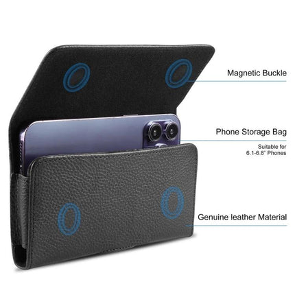 HAWEEL Genuine Leather Phone Belt Clip For 6.1-6.8 Inch Phones black litchi-texture leather case with magnetic closure and belt clip