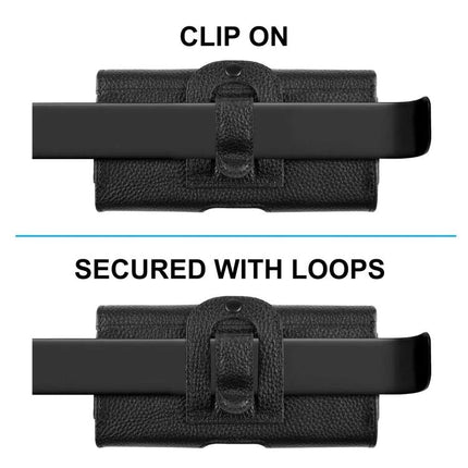 HAWEEL Genuine Leather Phone Belt Clip For 6.1-6.8 Inch Phones showing sturdy clip and secured with loops on black litchi textured leather