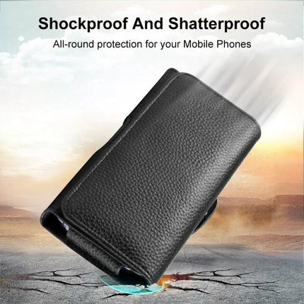 HAWEEL Genuine Leather Phone Belt Clip For 6.1-6.8 Inch Phones showing black litchi-textured leather case with magnetic closure and sturdy belt clip