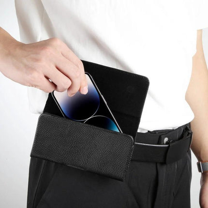 HAWEEL Genuine Leather Phone Belt Clip For 6.1-6.8 Inch Phones shown on belt with phone being placed into black litchi-textured leather case