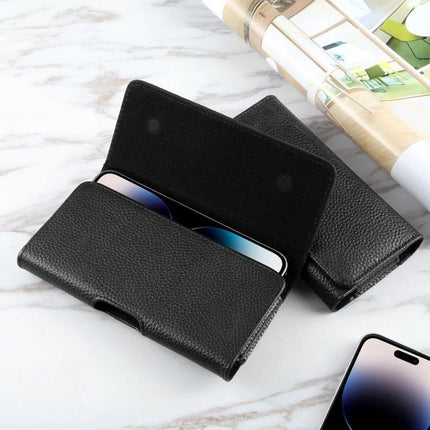 Alt Tag: HAWEEL Genuine Leather Phone Belt Clip For 6.1-6.8 Inch Phones black litchi textured leather case with magnetic closure and sturdy belt clip